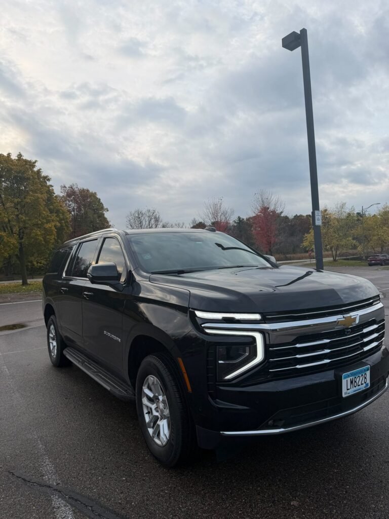 Front view of the black Chevrolet Suburban limo SUV used by AeroTown Limo in Minneapolis, MN